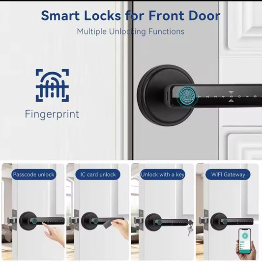 Smart Fingerprint Door Lock Handle – Bluetooth, Keypad, Card & App Control (Tuya System)